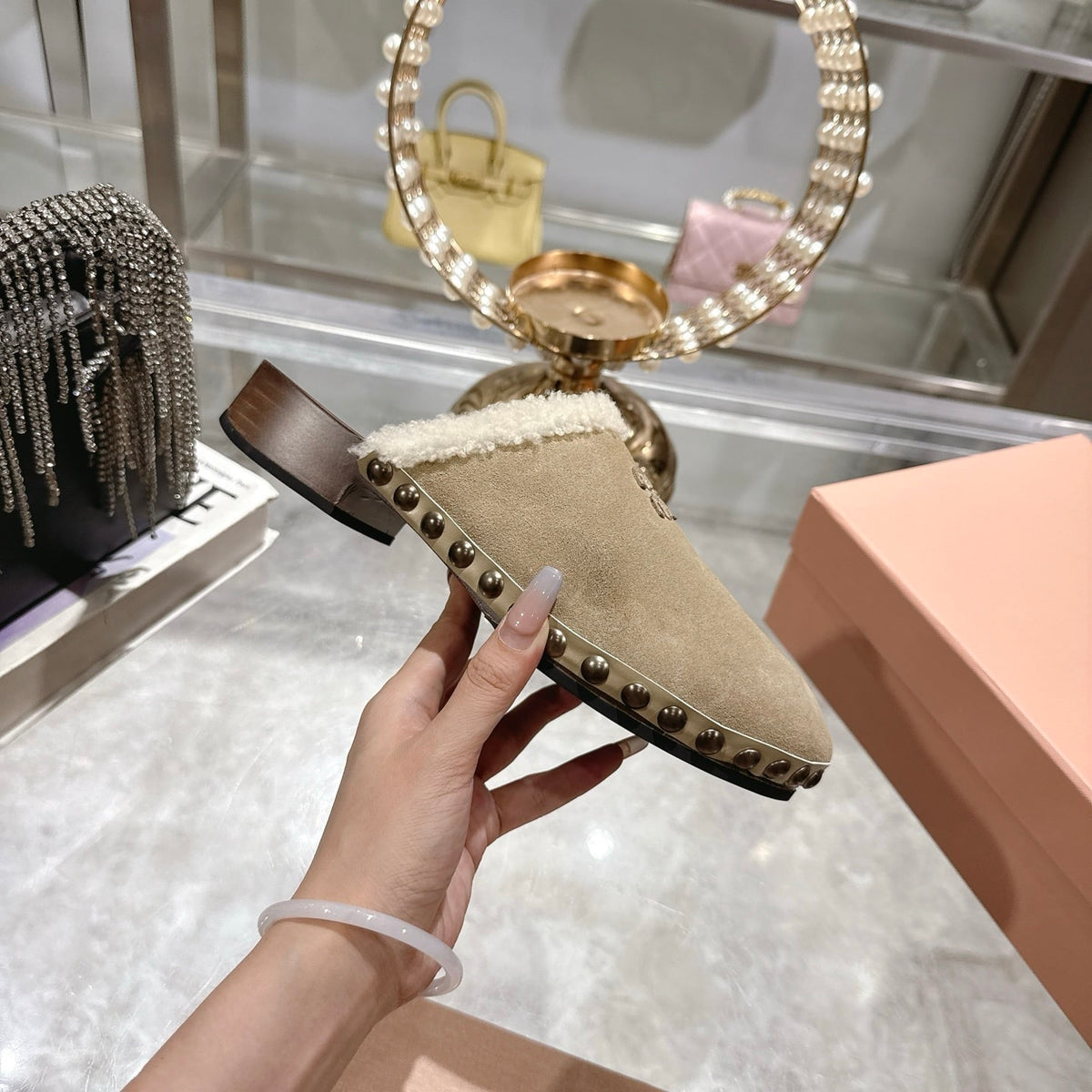 MIUMIU SUEDE CLOGS BEIGE