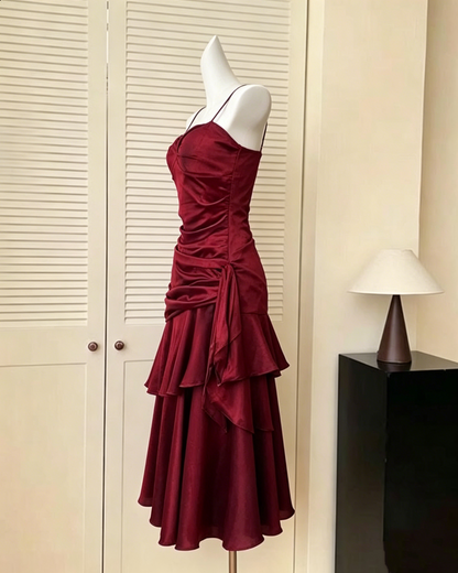 Vintage Burgundy Velvet Spaghetti Strap Midi Ruffled Layered Prom Dress TP5847