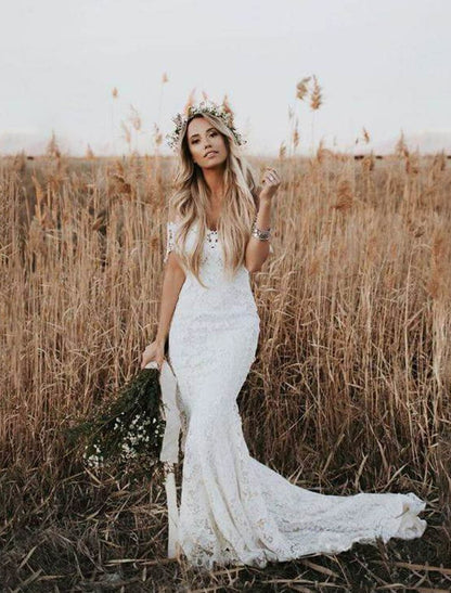 Beach Boho Wedding Dresses Mermaid / Trumpet Off Shoulder Cap Sleeve Chapel Train Lace Bridal Gowns With Appliques Solid Color Summer Wedding Party
