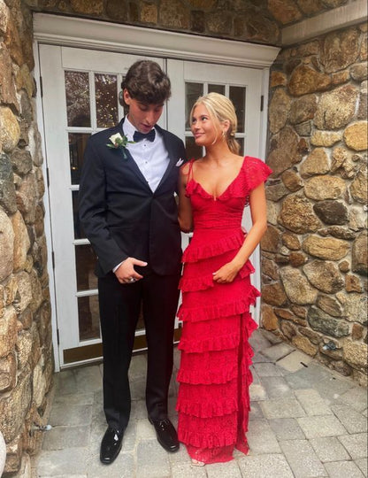 Vintage Red V-neck Long Prom Dress Sheath Tiered High Slit Formal Dress TP4605