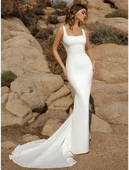 Beach Open Back Casual Wedding Dresses Mermaid / Trumpet Square Neck Sleeveless Court Train Fabric Bridal Gowns With Buttons Solid Color