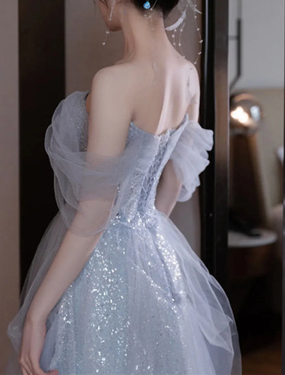 A-Line Party Dresses Sparkle & Shine Dress Wedding Guest Prom Floor Length Sleeveless Off Shoulder Sequined with Sequin