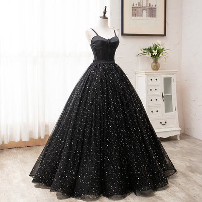 Black tulle long prom gown black evening dress  8456