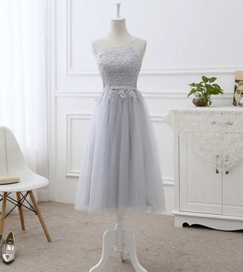 Gray tulle lace prom dress A line evening dress  8442