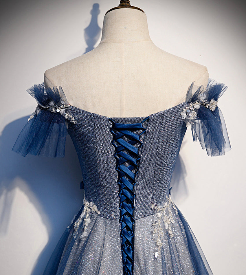 Shiny tulle sequins long prom dress blue evening dress  8429