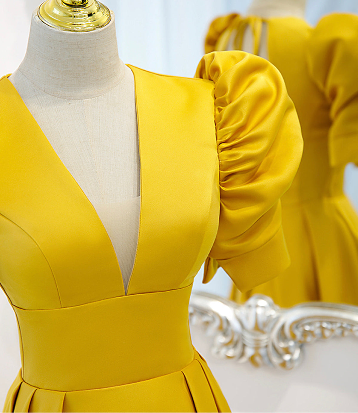 Yellow satin long A line prom dress evening dress  8847
