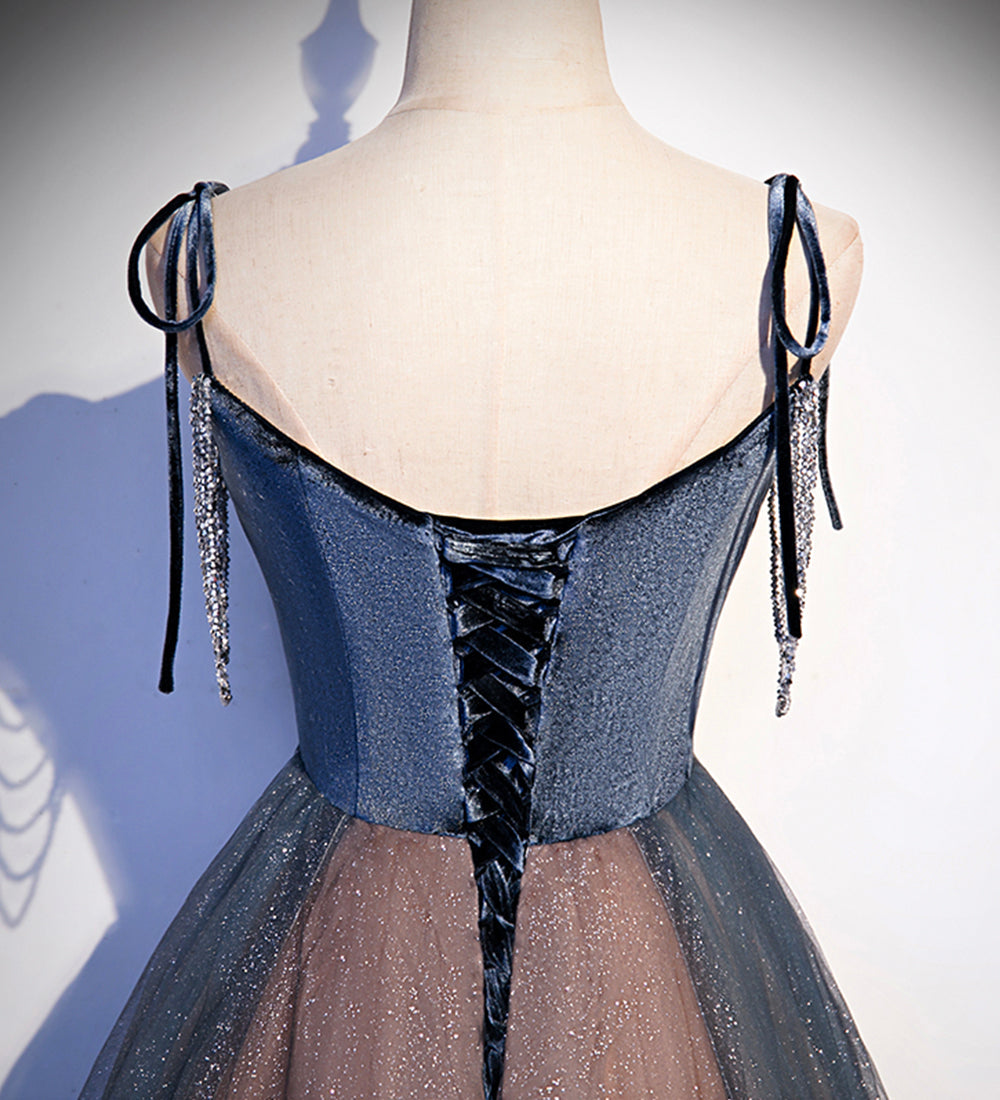 Blue tulle sequins long prom dress evening dress  8504