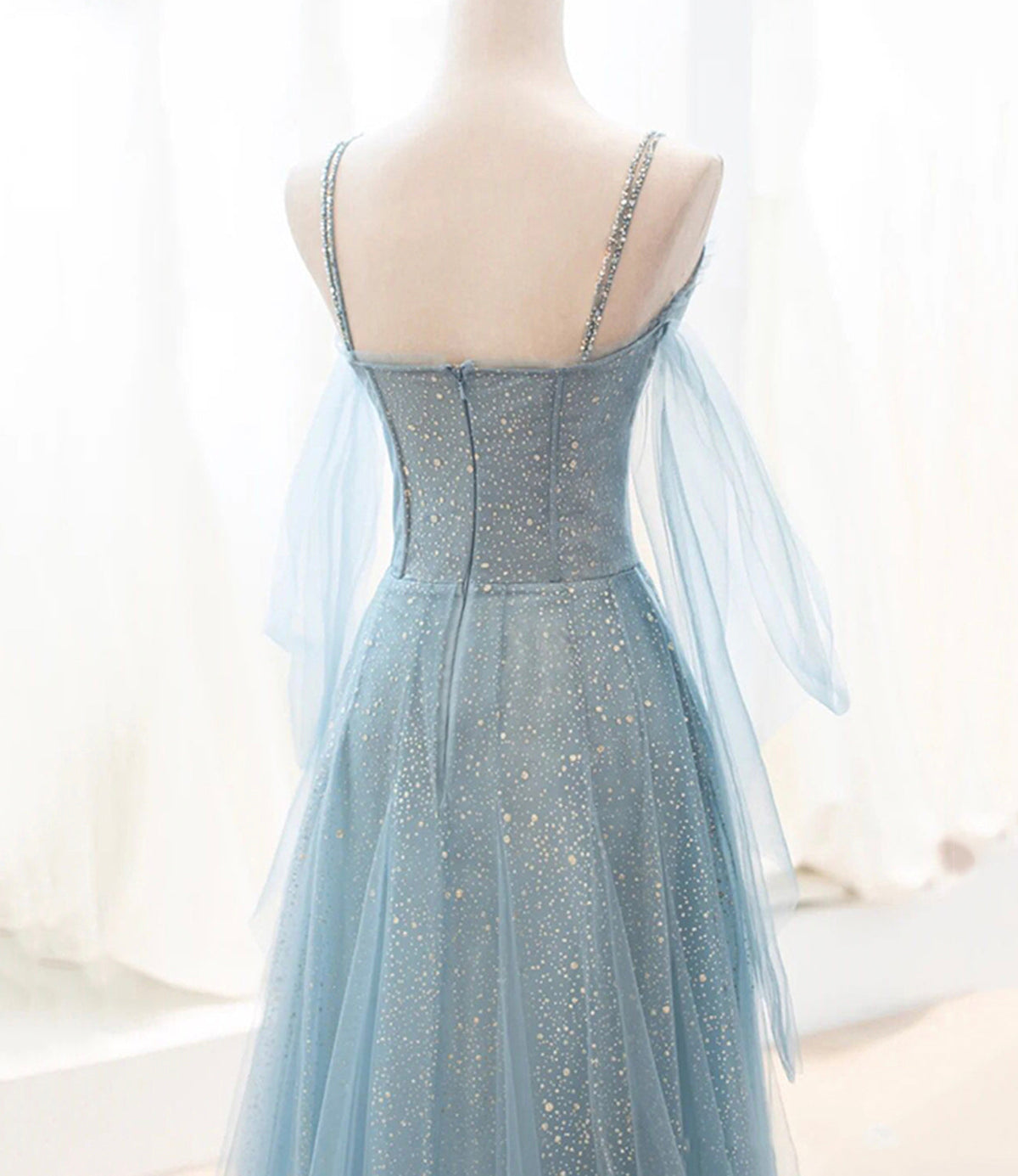 Blue tulle long A line prom dress blue evening dress  8764