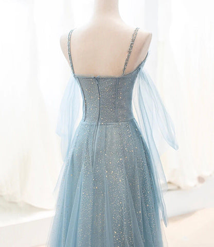 Blue tulle long A line prom dress blue evening dress  8764