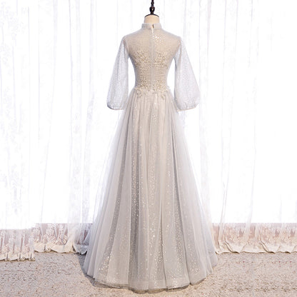 Gray lace sequins long prom gown evening dress  8964