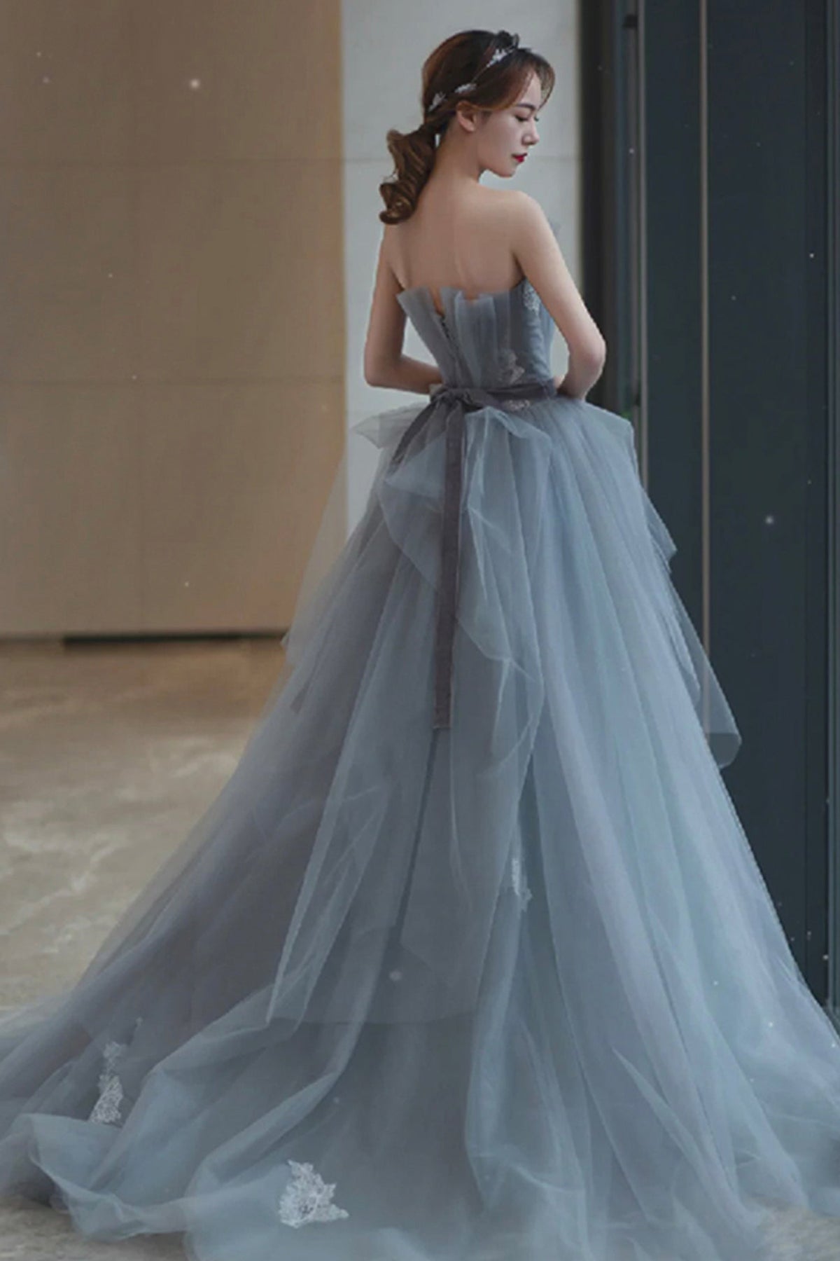 Gray tulle lace long A line prom dress evening dress  8682