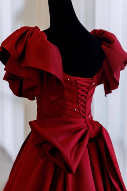Burgundy Vintage Fashion Exquisite Beading A-Line Long Satin Ball Gown Evening Dress 8720