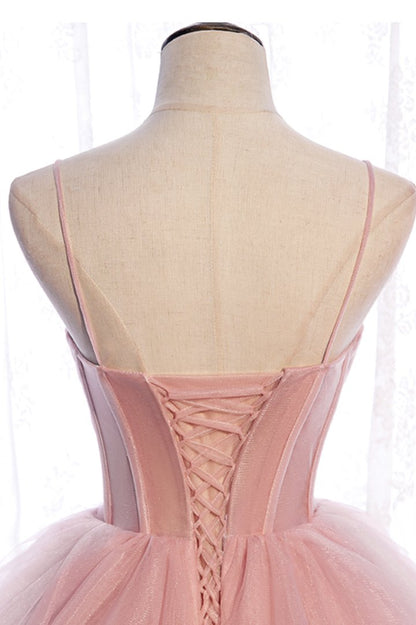 Pink tulle long prom dress A line evening gown  C1866