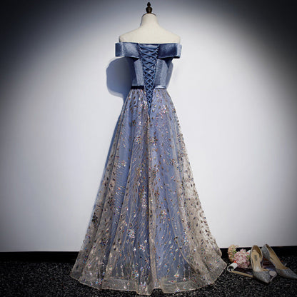 Blue velvet tulle long prom dress blue evening dress  8465