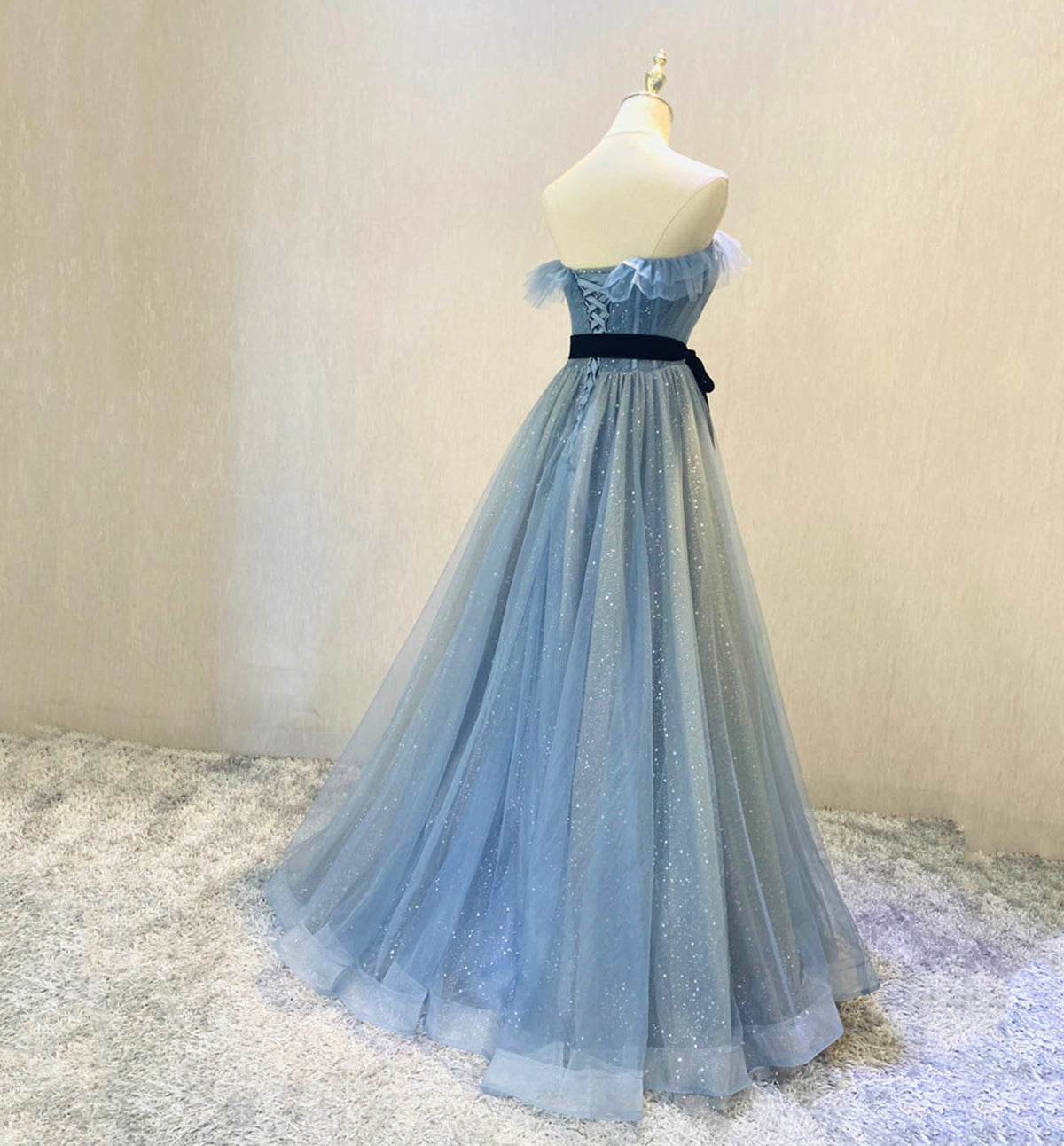 Blue tulle long prom dress blue evening dress  8607