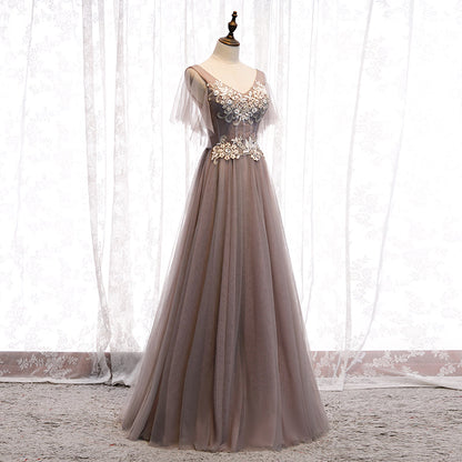 A line v neck lace long prom dress  8319