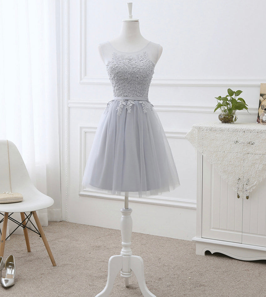 Gray tulle lace prom dress A line evening dress  8442