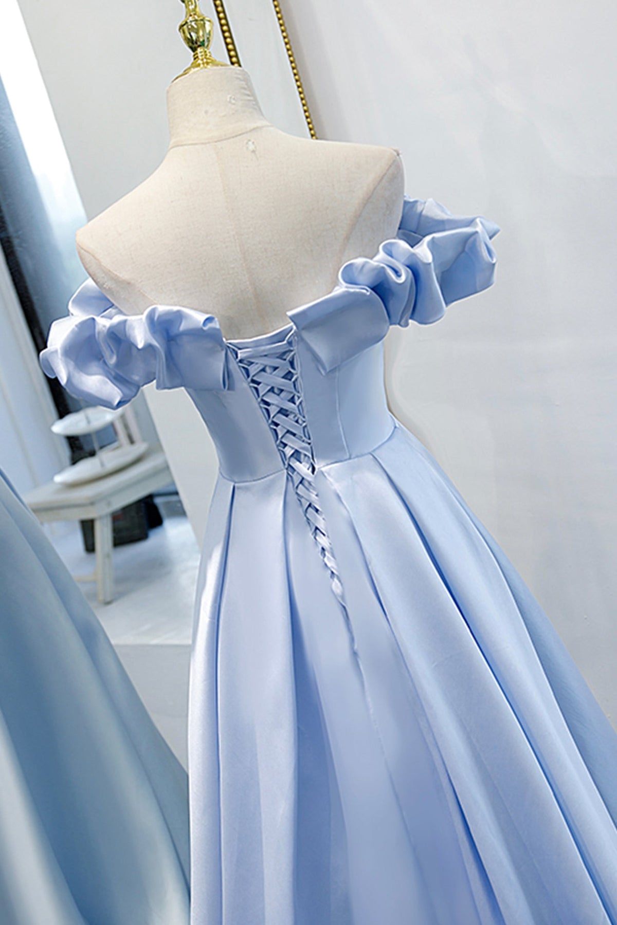 Blue satin long A line prom dress blue evening dress  8746
