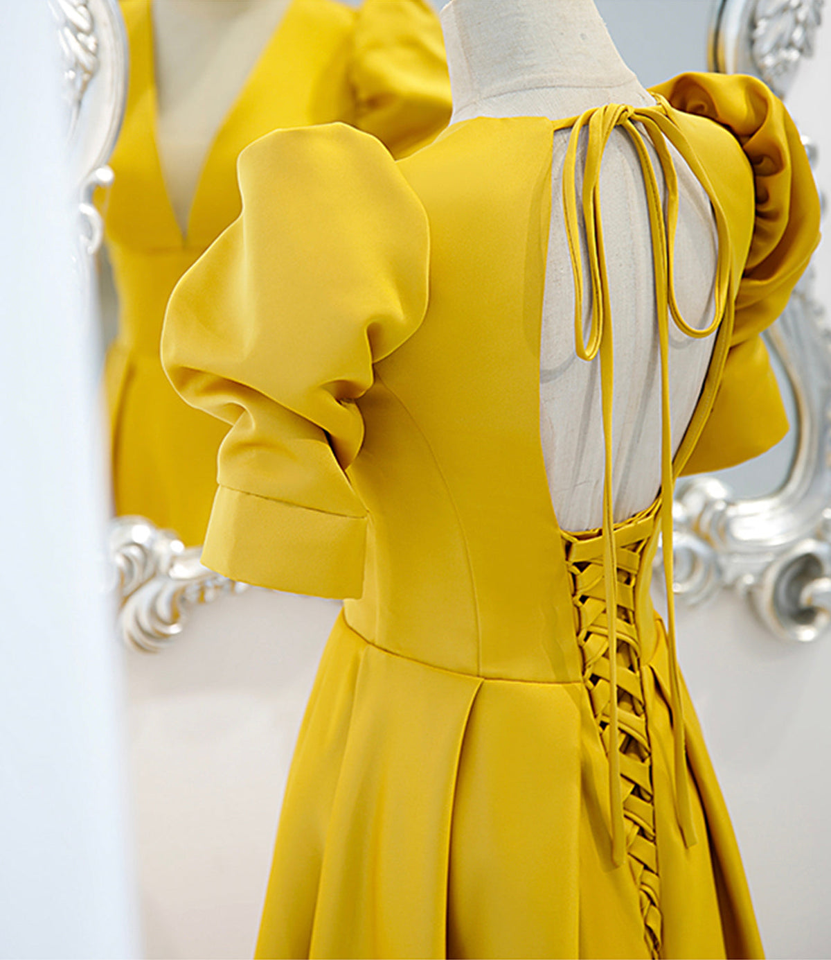 Yellow satin long A line prom dress evening dress  8847