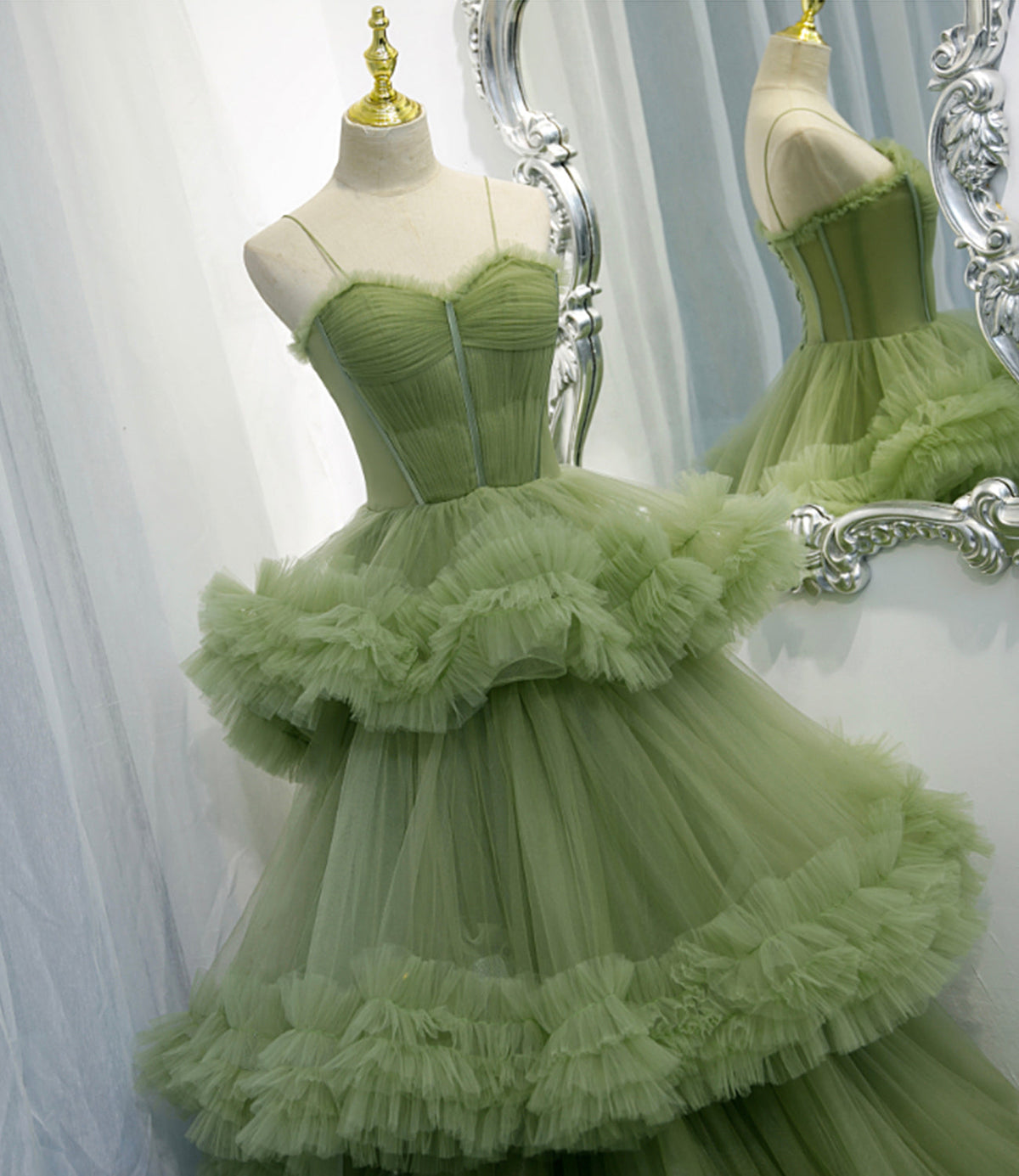 Green tulle long A line prom dress green evening dress  8836