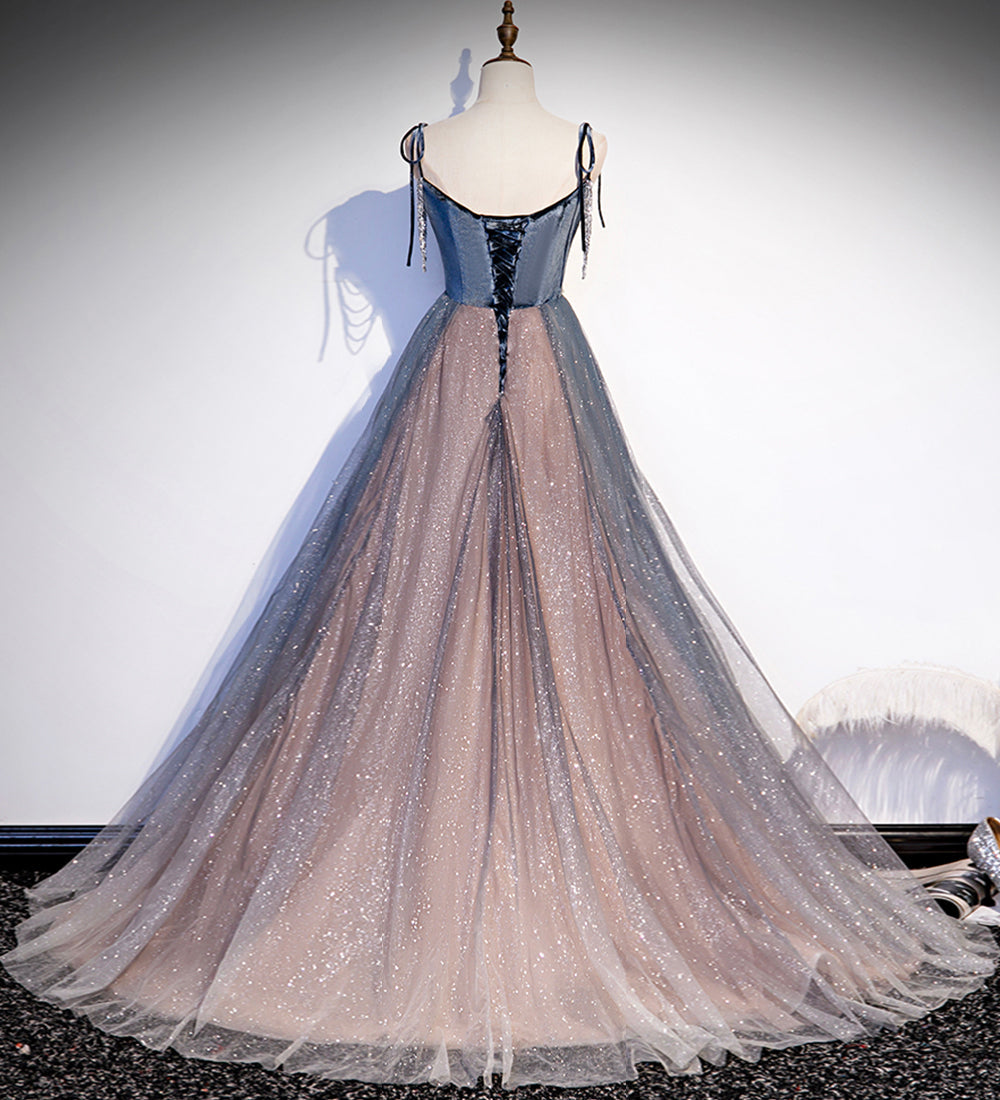 Blue tulle sequins long prom dress evening dress  8504