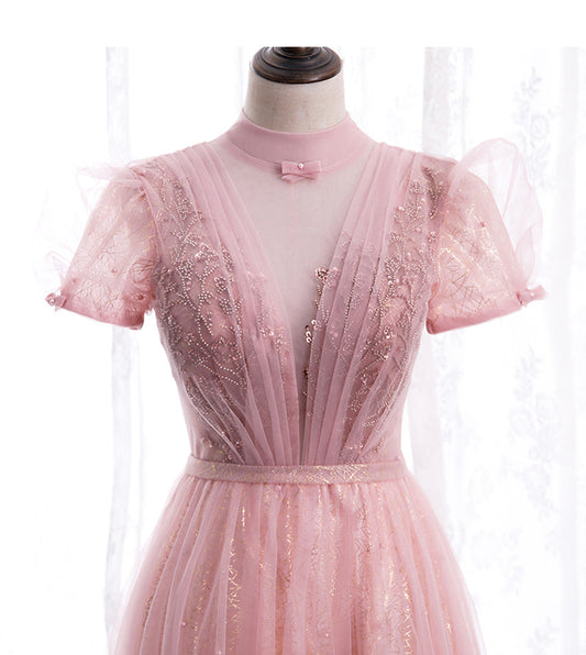 A line tulle sequins long prom dress evening dress  8439