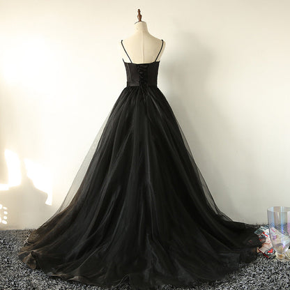 Black tulle long prom dress, black evening dress  8037
