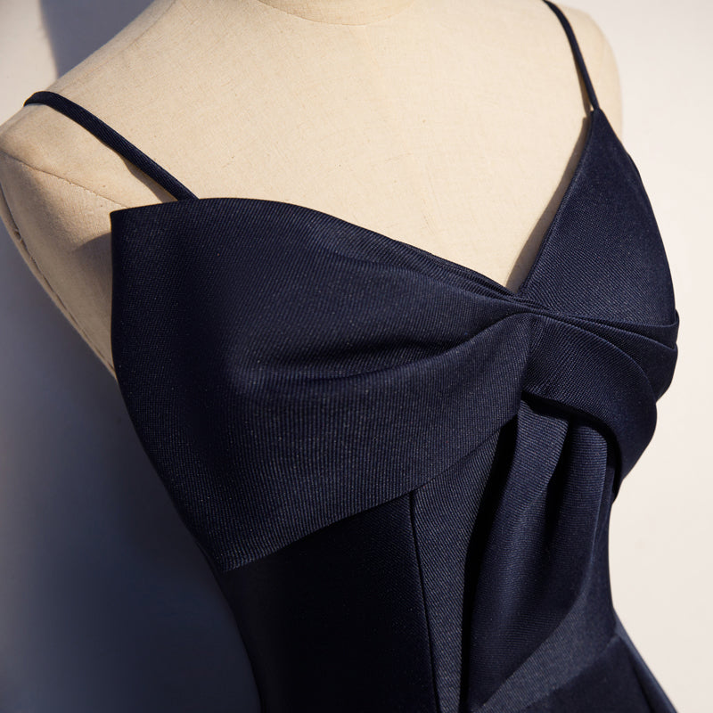 Dark blue satin long prom dress, simple evening dress  8074
