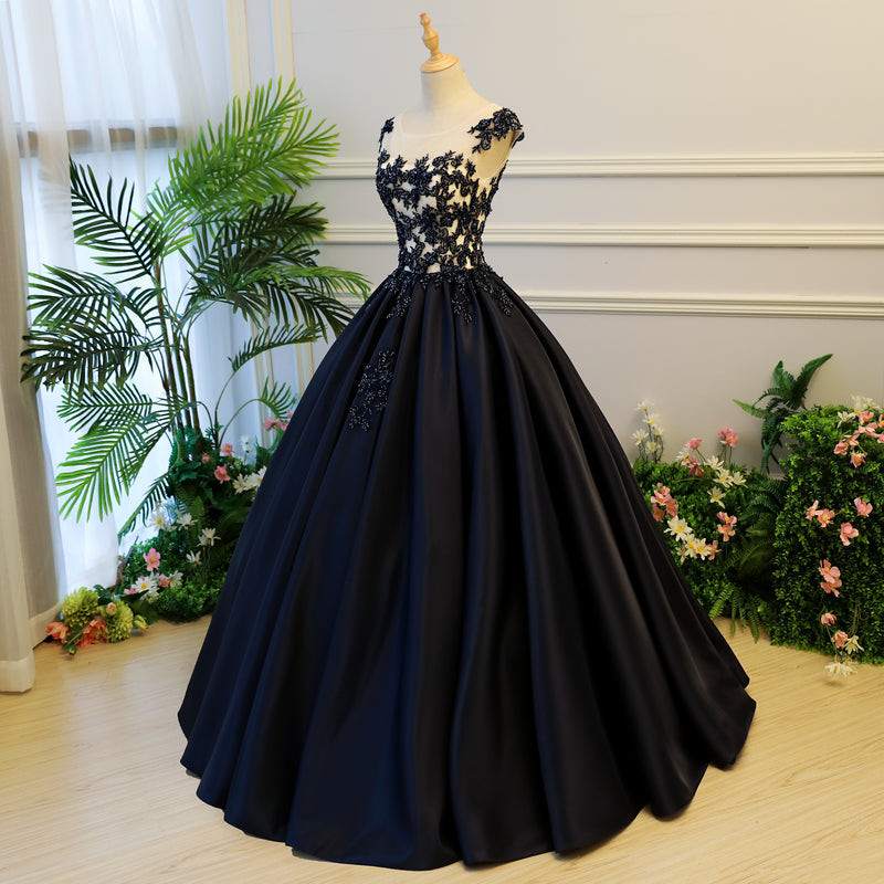 Dark blue lace long prom gown, evening dress  8059