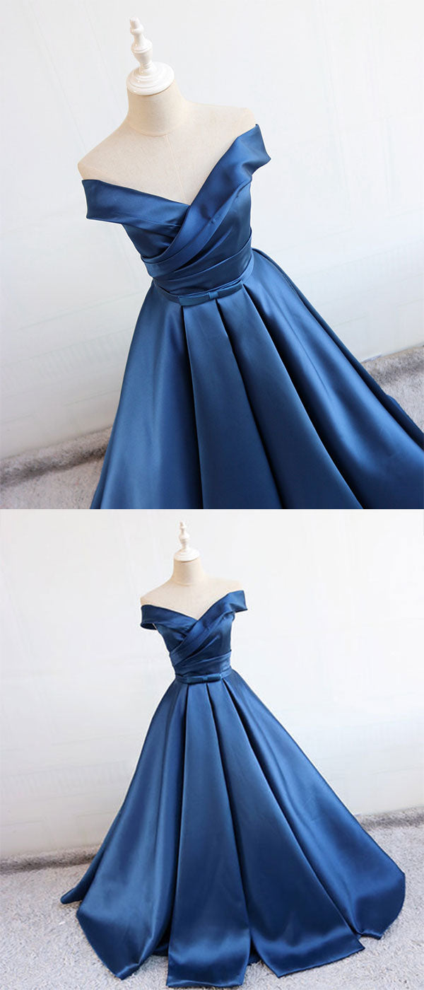 Blue v neck satin long prom dress, blue evening dress  7897