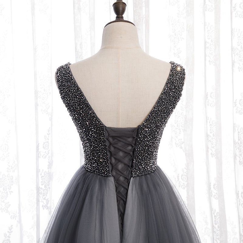 Gray v neck tulle beads long prom dress  8159
