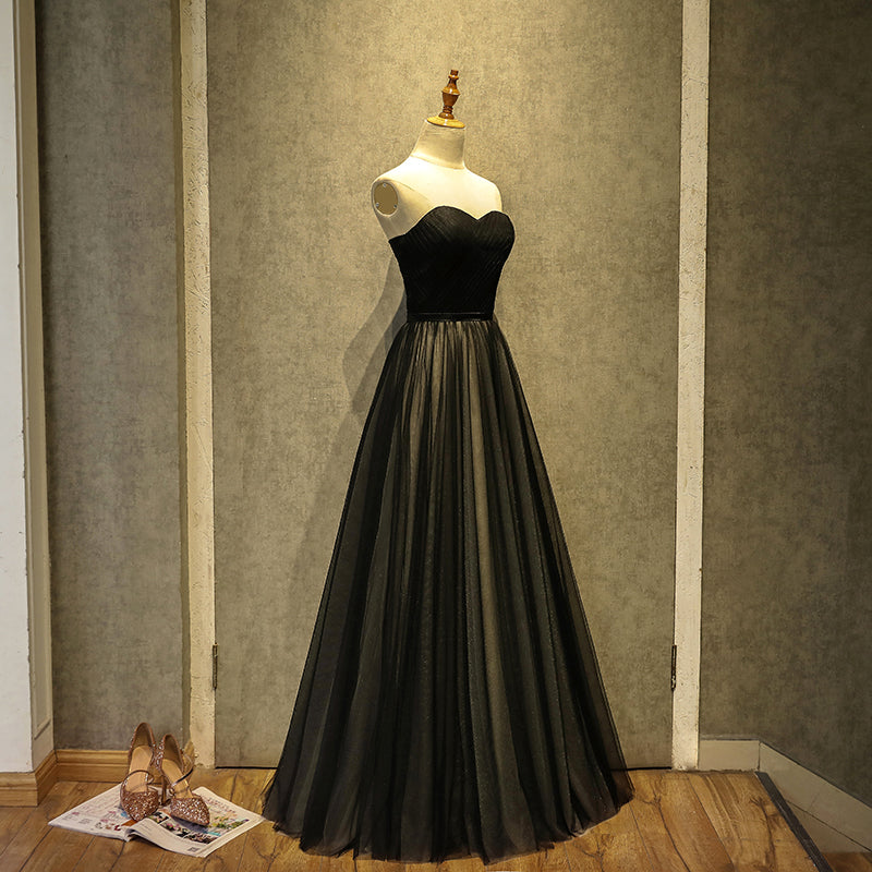 Black sweetheart neck tulle long prom dress, black evening dress  7926