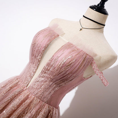 Sparkling pink tulle sequins long prom dress, evening dress  8104