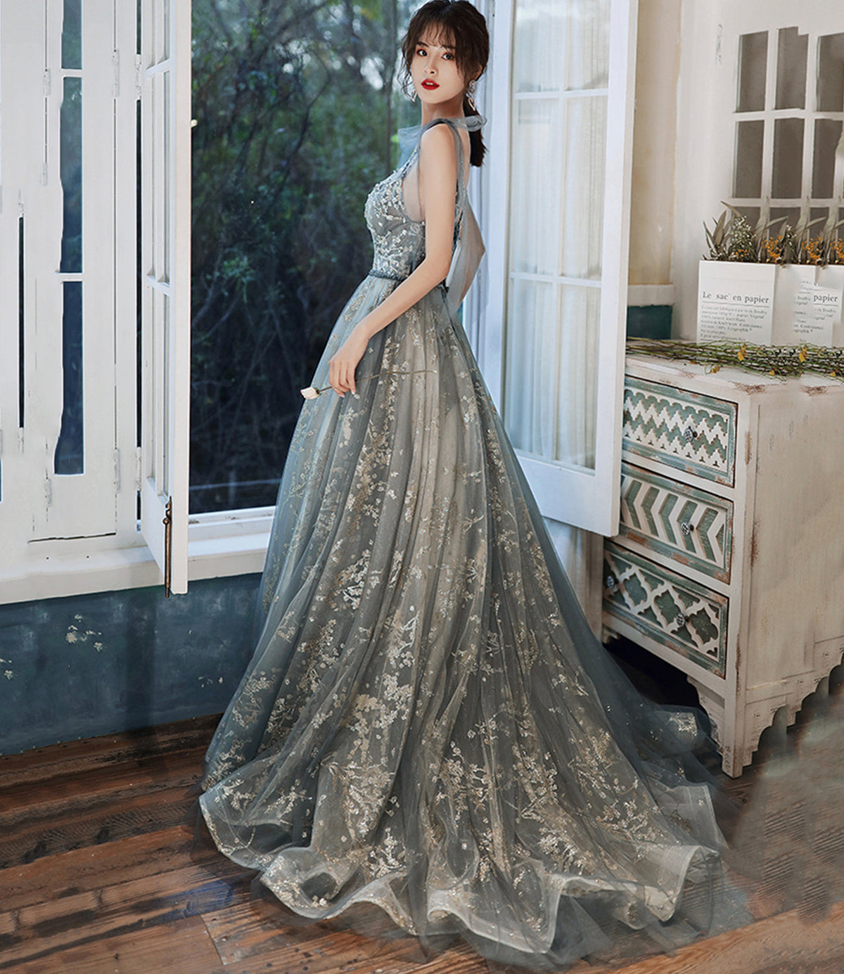 Gray tulle sequins long prom dress evening gown  10121