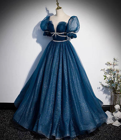 Shiny tulle sequins long prom dress A line evening gown  10380