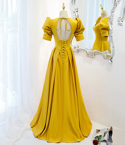 Yellow satin long A line prom dress evening dress  8847