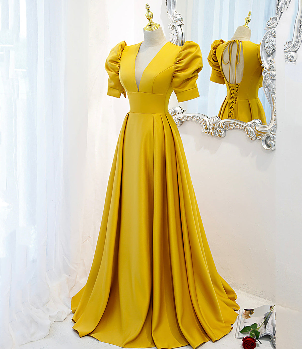 Yellow satin long A line prom dress evening dress  8847