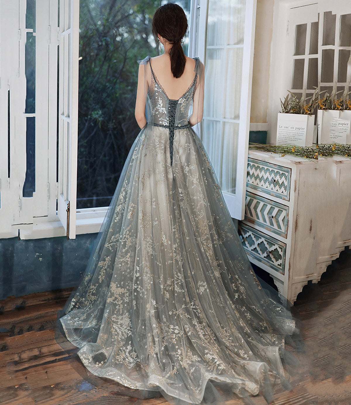 Gray tulle sequins long prom dress evening gown  10121