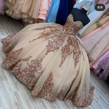 Rose Gold Sweetheart Puffy Princess Ball Gown Sweet 16 Dress Beaded Applique Quinceanera Dresses cc406
