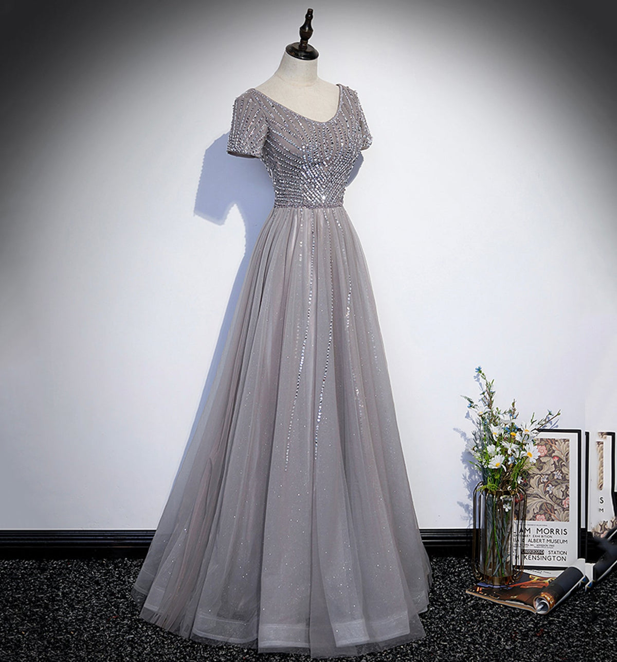 Shiny tulle beads long prom dress A line evening gown  10108