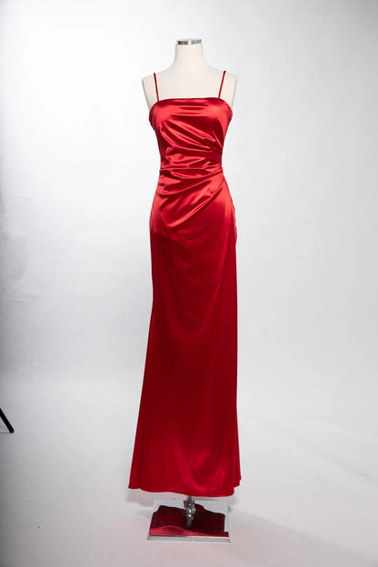 Fitted slit skirt rectangular collar satin dress