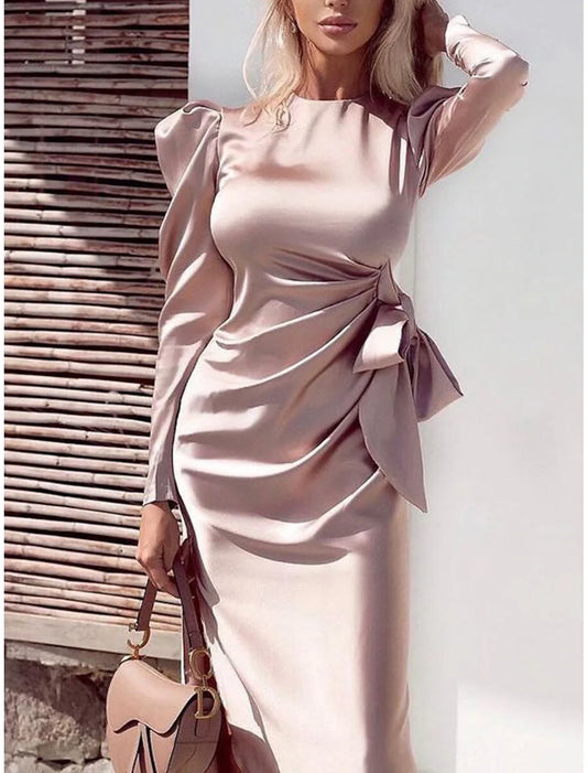 Sheath / Column Cocktail Dresses Party Dress Party Wear Prom Asymmetrical Long Sleeve Jewel Neck Fall Wedding Guest Charmeuse with Draping Pure Color 2026