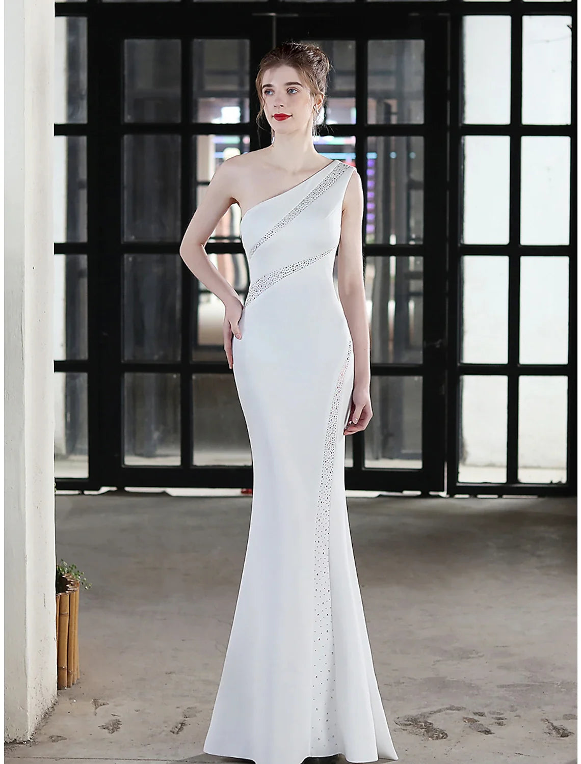 Mermaid / Trumpet Evening Gown Sexy Dress Wedding Guest Formal Evening Floor Length Sleeveless One Shoulder Satin with Crystals
