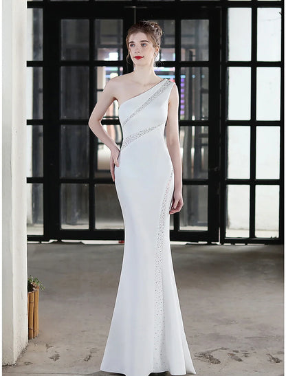 Mermaid / Trumpet Evening Gown Sexy Dress Wedding Guest Formal Evening Floor Length Sleeveless One Shoulder Satin with Crystals