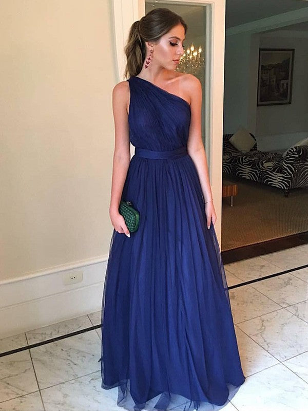 A-Line/Princess Sleeveless One-Shoulder Floor-Length Ruffles Tulle Dresses