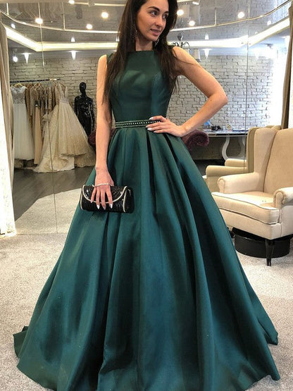 A-Line/Princess Sleeveless Bateau Sweep/Brush Train Beading Satin Dresses