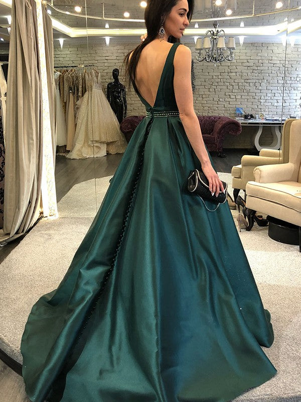 A-Line/Princess Sleeveless Bateau Sweep/Brush Train Beading Satin Dresses