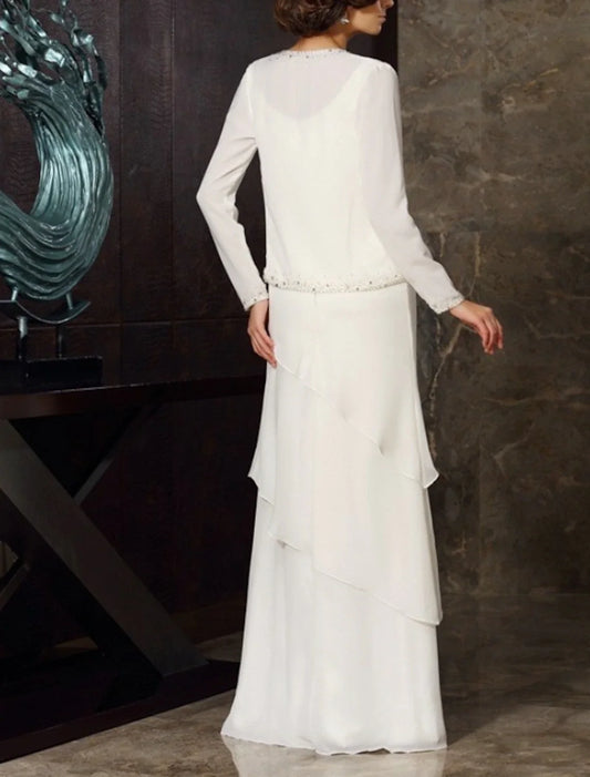 Two Piece Sheath / Column Mother of the Bride Dress Wedding Guest Elegant Plus Size Jewel Neck Floor Length Chiffon Long Sleeve Wrap Included Short Jacket Dresses with Beading Cascading Ruffles
