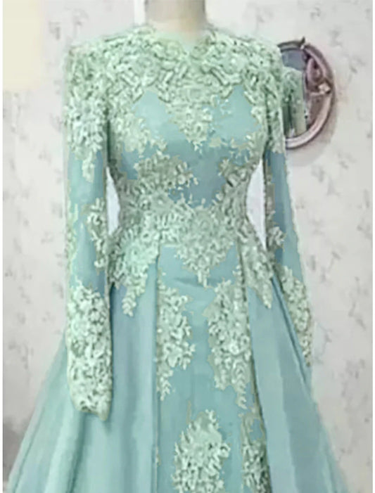 A-Line Mother of the Bride Dress Formal Elegant Party Luxurious Jewel Neck Sweep / Brush Train Satin Lace Long Sleeve with Pleats Solid Color
