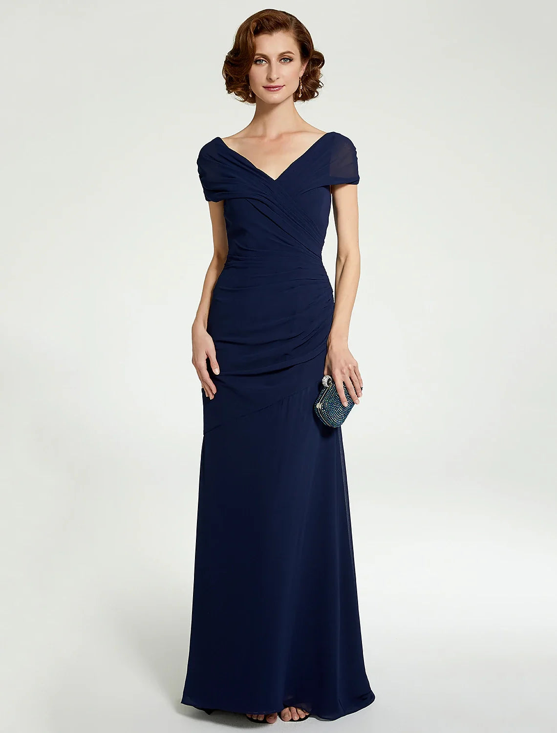 A-Line Mother of the Bride Dress V Neck Floor Length Chiffon Sleeveless with Ruching